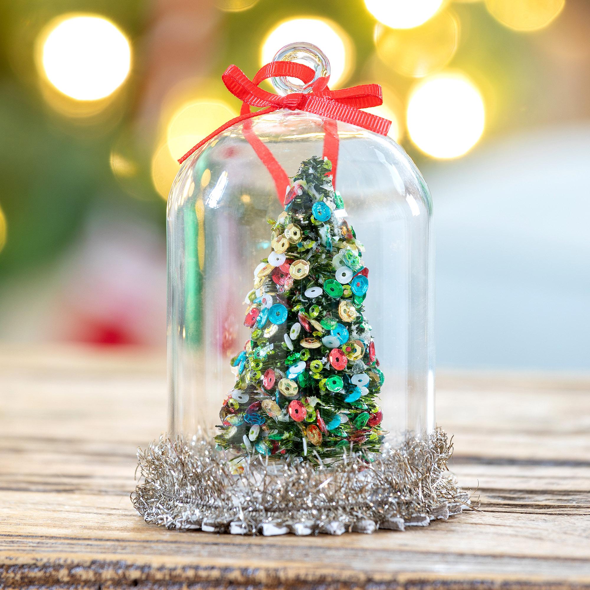 Vintage Miniature Decorated Christmas Tree w/ornaments Gifts Under Glass  Dome